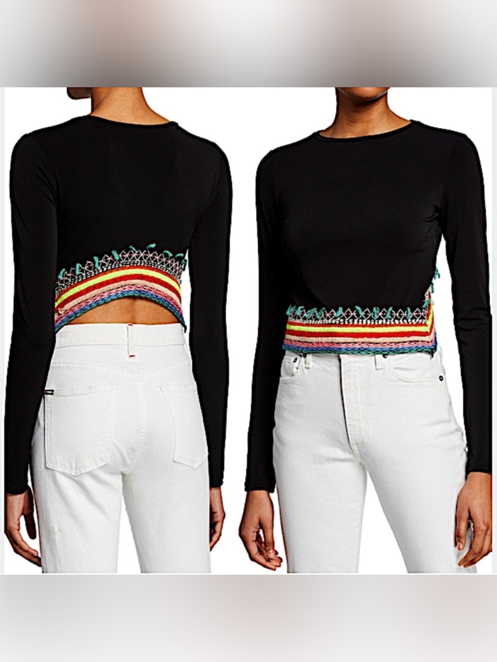Alice + Olivia Delaina Embroidered Black Multicolor Long Sleeve Top
